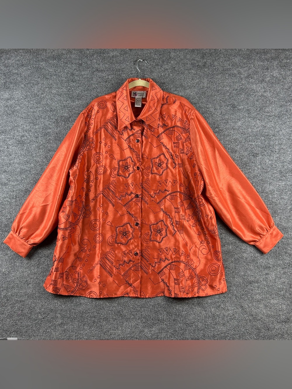 Maggie Sweet Terracotta Orange Beaded Embroidered Shantung Blouse Size 2X Plus